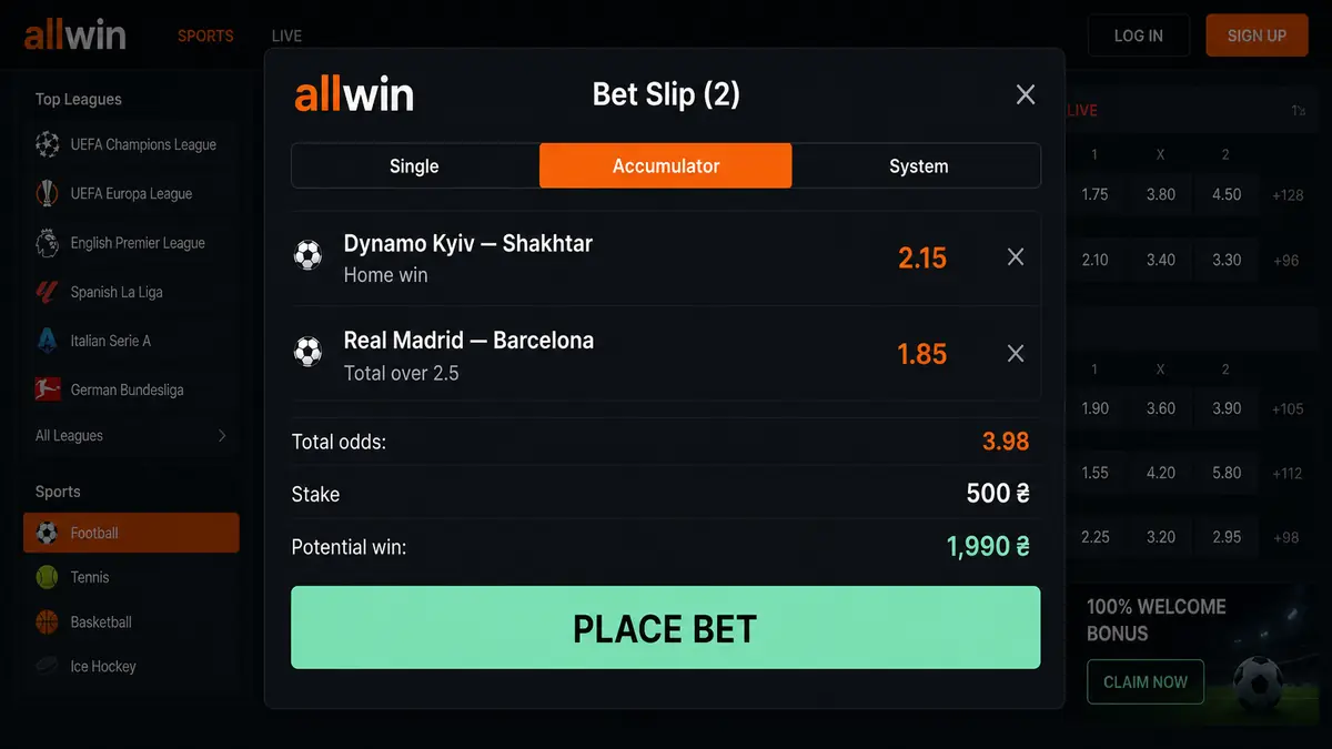 Allwin Bet betting slip with an accumulator and odds