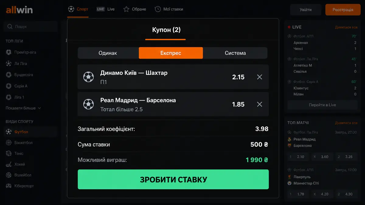Купон ставок Allwin Bet з експресом і коефіцієнтами