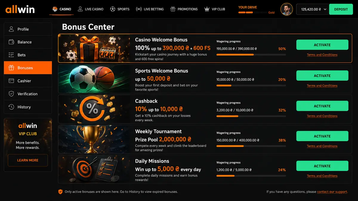 Allwin Bet bonus centre with casino and sport welcome package