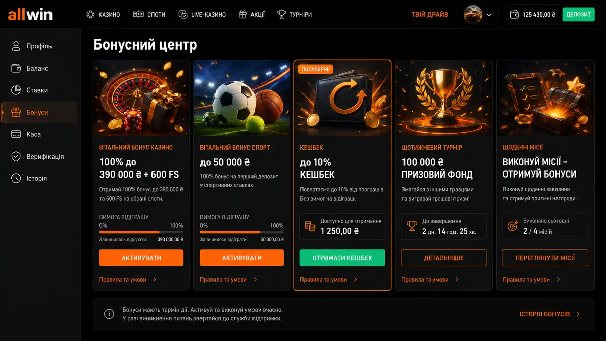 Бонусний центр Allwin Bet із вітальним пакетом на казино й спорт