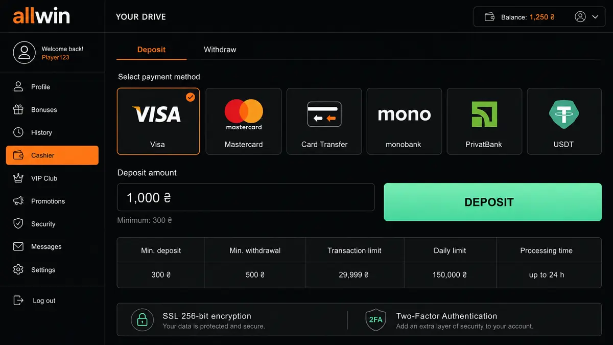 Allwin Bet cashier with deposit and withdrawal methods