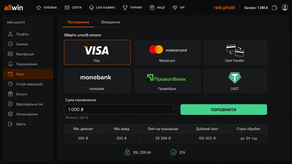 Каса Allwin Bet із методами поповнення й виведення коштів