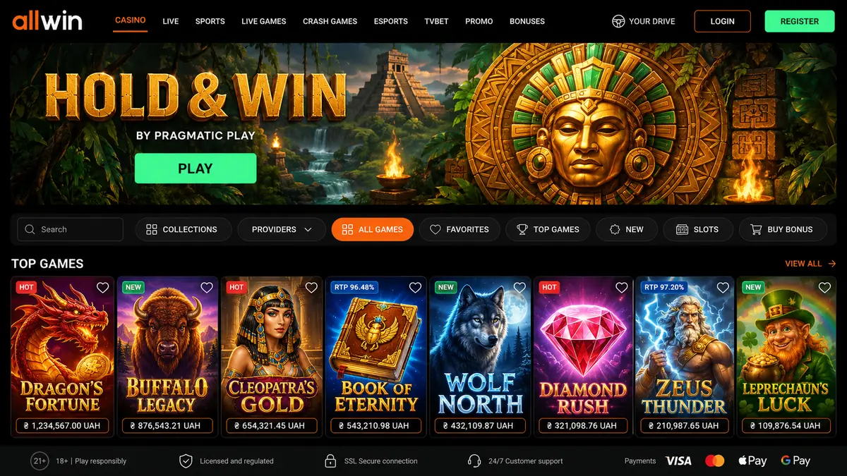 Allwin Bet homepage with sports and casino sections