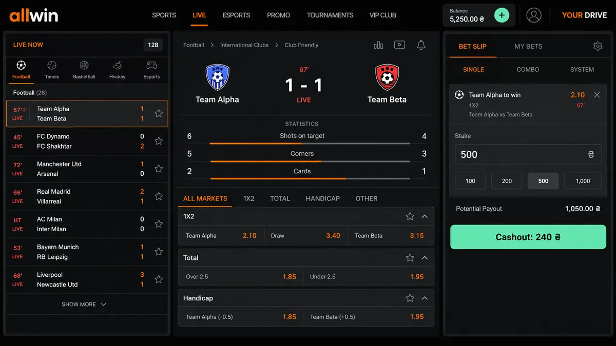 Allwin Bet live section with odds and match stats