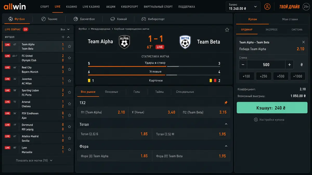 Live-раздел Allwin Bet с коэффициентами и статистикой матча
