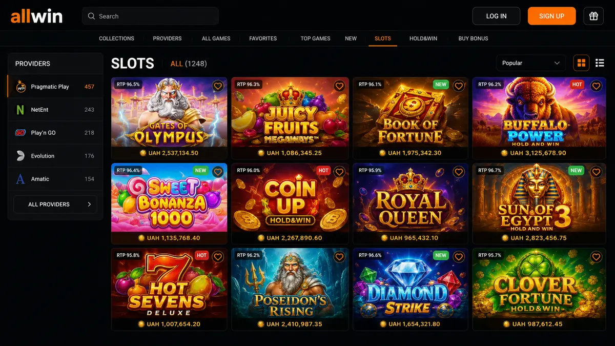 Allwin casino game catalogue with slots and filters